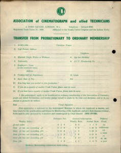 Page from an application form to join the Association of Cinematograph and allied Technicians (ACT) from the 1950s.